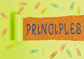 Writing note showing Principles. Business concept for fundamental truth that serves as the base for...