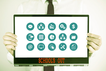 Handwriting text School S Is Out. Conceptual photo classes are over for the time being End of the school day Male human holding thick textured cardboard of business promotion concept