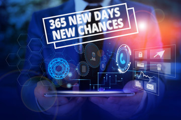 Conceptual hand writing showing 365 New Days New Chances. Concept meaning Starting another year Calendar Opportunities Male wear formal suit presenting presentation smart device
