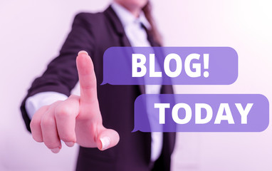 Text sign showing Blog. Business photo text regularly updated website or web page run by an individual or group Digital business in black suite concept with business woman