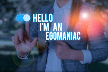 Text sign showing Hello I M An Egoanalysisiac. Business photo showcasing Selfish Egocentric Narcissist Selfcentered Ego Woman wear formal work suit presenting presentation using smart device