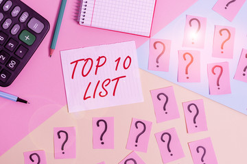 Word writing text Top 10 List. Business photo showcasing the ten most important or successful items in a particular list Mathematics stuff and writing equipment above pastel colours background