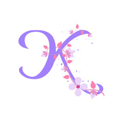 Violet K letter with flowers, alphabet illustration on white
