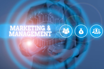 Writing note showing Marketing And Management. Business concept for process of developing strategies for product Woman wear formal work suit presenting presentation using smart device