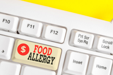 Text sign showing Food Allergy. Business photo showcasing an abnormal immune response after eating a certain food White pc keyboard with empty note paper above white background key copy space