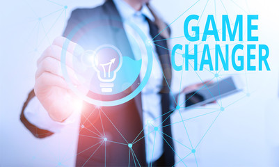 Conceptual hand writing showing Game Changer. Concept meaning way that effects a major shift in the...