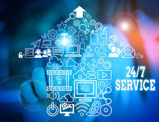 Word writing text 24 Or 7 Service. Business photo showcasing Always available to serve Runs constantly without disruption Woman wear formal work suit presenting presentation using smart device
