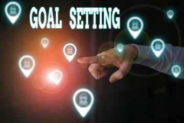 Writing note showing Goal Setting. Business concept for process of identifying something that you want to accomplish Woman wear formal work suit presenting presentation using smart device