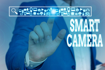 Handwriting text Smart Camera. Conceptual photo individual image processing systems designed to automate Male human wear formal work suit presenting presentation using smart device