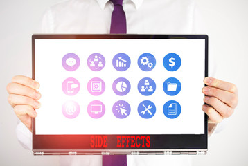 Handwriting text Side Effects. Conceptual photo secondary undesirable effect of a drug or medical treatment Male human holding thick textured cardboard of business promotion concept