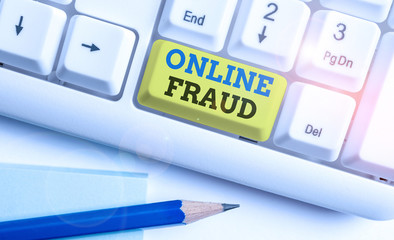 Word writing text Online Fraud. Business photo showcasing use of Internet services to deceive victims and steal money White pc keyboard with empty note paper above white background key copy space