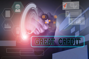 Handwriting text Great Credit. Conceptual photo borrower has high credit score and is a safe credit risk Male human wear formal work suit presenting presentation using smart device