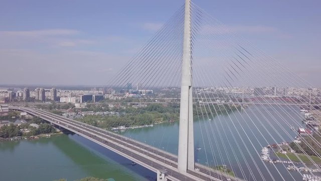 Still 4k aerial static shot of Ada bridge in Belgrade and Sava river