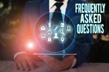 Word writing text Frequently Asked Questions. Business photo showcasing inquries that been informed more than one time