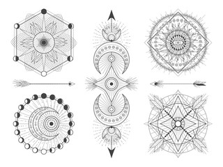 Vector set of Sacred geometric symbols and figures on white background. Abstract mystic signs collection. Black linear shapes.