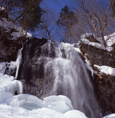 冬の小野川不動滝（裏磐梯　日本）の雪の造形美