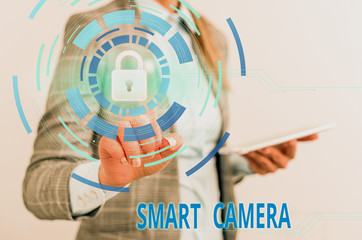 Word writing text Smart Camera. Business photo showcasing individual image processing systems designed to automate Female human wear formal work suit presenting presentation use smart device