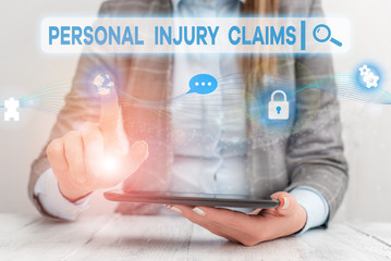 Text sign showing Personal Injury Claims. Business photo showcasing being hurt or injured inside work environment Female human wear formal work suit presenting presentation use smart device