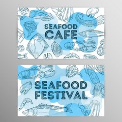 Deasign set seafood cafe. Restaurant brochure,flyer.Hand drawn graphic.