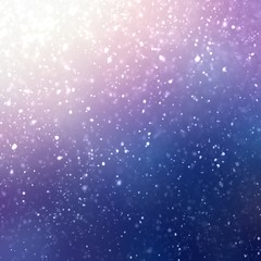 Magical night snowfall abstract background. Blue lilac deep sky. Bright shine on top. Winter holiday simple decorative illustration.
