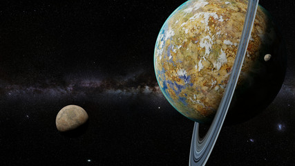 mysterious alien planet with ring system, exotic exoplanet with moons © dottedyeti