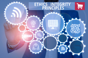 Text sign showing Ethics Integrity Principles. Business photo showcasing quality of being honest...