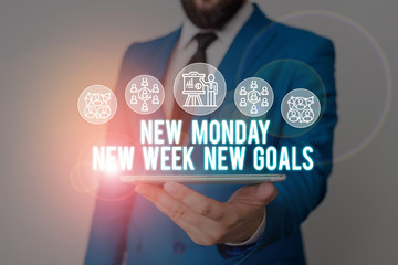 Handwriting text writing New Monday New Week New Goals. Conceptual photo Be positive every start of the week Male human wear formal work suit presenting presentation using smart device
