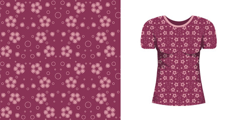 Abstract seamless pattern wiht pink flowers against maroon background and mock up T-shirt whith short sleeve with this ormnament. Vector floral texture for fabric, textile, wrapping paper, bedlinen.