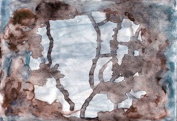 Abstract brown flows on blue old paper. Umber background with indigo paint drips, damp patch, trickle, rivulet. Ripple of durty, mud texture. Watercolor sepia coffee, tea, chocolate splash, stain.