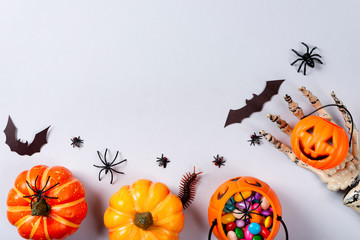 Halloween and decoration concept, Pumpkins, web, bats, spiders, centipede and flies on gray...