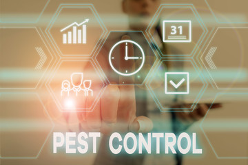 Conceptual hand writing showing Pest Control. Concept meaning analysisagement of a species that impacts adversely on huanalysis Woman wear work suit presenting presentation smart device