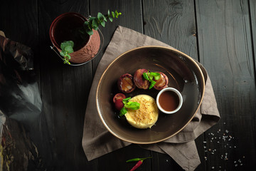 Bacon meat rolls with mashed potatoes. catering menu