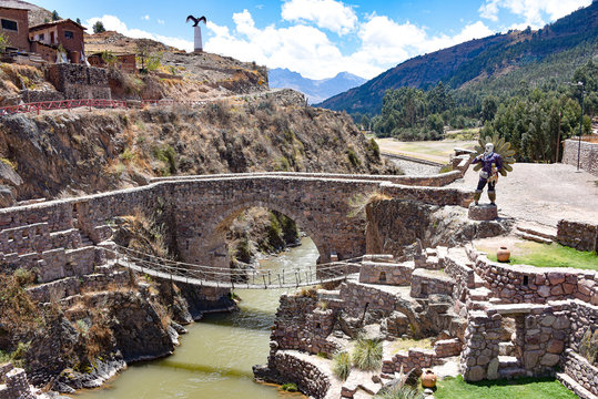 Colonial bridges spanning the river in Checacupe, Cusco, Peru