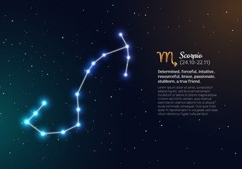 Scorpio zodiacal constellation with bright stars. Scorpio star sign and dates of birth on deep space background. Astrology horoscope with unique positive people personality traits vector illustration. © Sunflower
