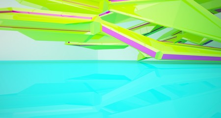 Abstract architectural white interior with color gloss gradient of a minimalist house with large windows. 3D illustration and rendering.