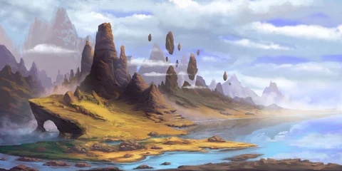 Poster De bergen. Fantasie fictie natuurlijke achtergrond. Concept kunst. Realistische illustratie. Videogame digitaal CG-kunstwerk. Natuur landschap. © info@nextmars.com