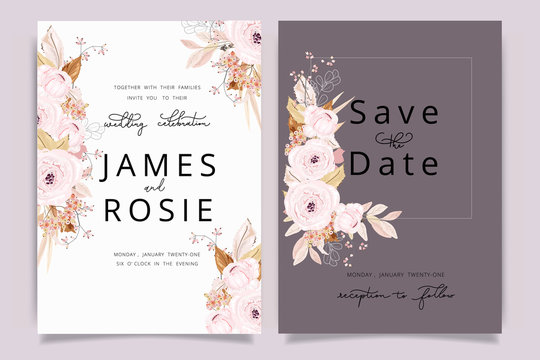 Autumn and fall Flower Wedding Invitation set, floral invite thank you, rsvp modern card Design in pink brown  floral with leaf greenery  branches decorative Vector elegant rustic template