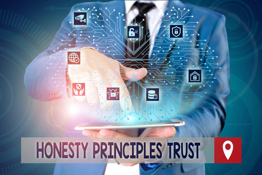 Handwriting text writing Honesty Principles Trust. Conceptual photo believing someone words for granted Telling truth Male human wear formal work suit presenting presentation using smart device