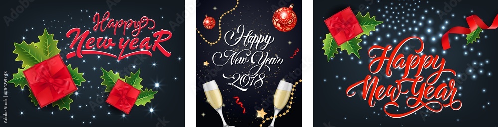 Wall mural New Year postcard set with red gift boxes - Wall murals