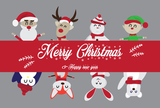 Merry Christmas and Happy New Year.Many cute cartoon characters, such as Santa Claus, reindeer, elves, bears, step, world, fox, penguin, rabbit, with a red label - vector.