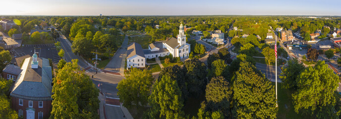 Old South United Methodist Church aerial view panorama at sunset in historic town center, Reading, Massachusetts, MA, USA.