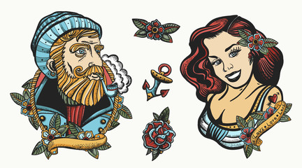Sea adventure collection. Old school tattoo. Sea wolf captain and sailor girl. Marine elements. Traditional tattooing style