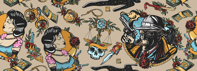 Noir film seamless pattern. Retro movie background. Detective smoking cigar, crime scene, chalk outline of dead body, fashion woman. Murder and investigation. Traditional tattooing style