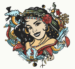Witch woman portrait. Gypsy fortune teller with crystal ball.  Dark fairy tale art. Old school tattoo style