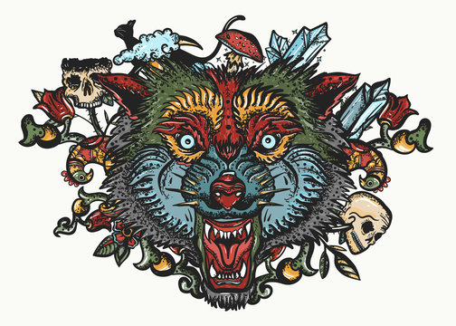 Wolf head. Color tattoo and t-shirt design. Dark fairy tale art. Gothic animals. Halloween elements