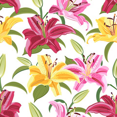 Fototapeta na wymiar Lily flower seamless pattern on white background, Yellow, Red and Pink lily floral vector illustration
