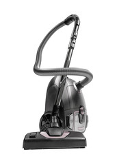 The Vacuum Cleaner Isolated on White Background. New modern hoover standing with hose is ready for work. Household Cleaning Equipment.