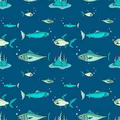 Fish vector pattern seamless on ocean blue background.