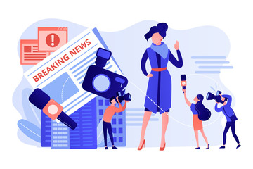 Journalists interviewing famous person. Reporters following celebrity. Yellow online press, paparazzi news feed, yellow journalism concept. Pink coral blue vector isolated illustration