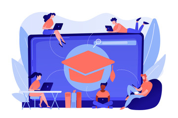 Students with laptops studying and huge laptop with graduation cap. Free online courses, online certificate courses, online business school concept. Pinkish coral bluevector isolated illustration